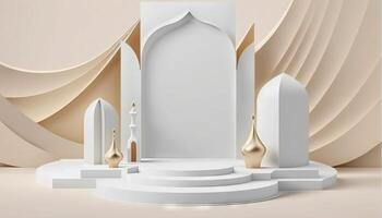 White soft pastel podium islamic Background. ramadhan ornament on White soft Carpet Background. photo