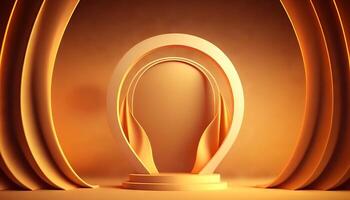 orange soft pastel Curtain Stage Award Background. Trophy on orange Carpet pastel Background. photo