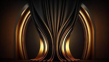 Black Golden Curtain Stage Award Background. Trophy on Red Carpet Luxury Background. photo