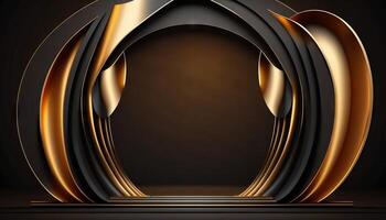 Black Golden Curtain Stage Award Background. Trophy on Red Carpet Luxury Background. photo