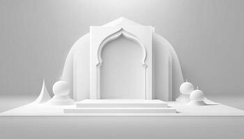 White soft pastel podium islamic Background. ramadhan ornament on White soft Carpet Background. photo