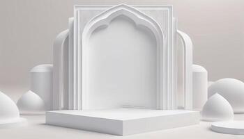 White soft pastel podium islamic Background. ramadhan ornament on White soft Carpet Background. photo