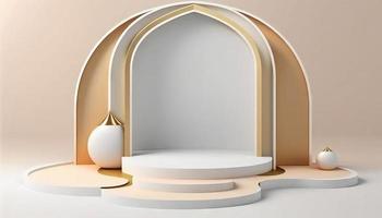 White soft pastel podium islamic Background. ramadhan ornament on White soft Carpet Background. Modern Abstract Design Template photo