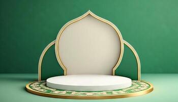 Green soft pastel podium ramadhan Background. islamic ornament on green Carpet Background. photo