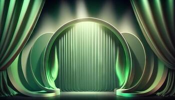 Green soft pastel Curtain Stage Award Background. Trophy on green Carpet pastel Background. photo