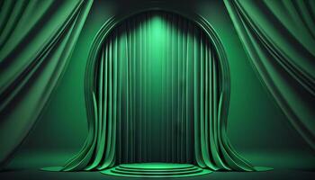 Green soft pastel Curtain Stage Award Background. Trophy on green Carpet pastel Background. photo