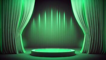Green soft pastel Curtain Stage Award Background. Trophy on green Carpet pastel Background. photo