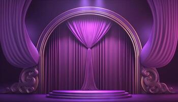 purple pastel Curtain Stage Award Background. Trophy on purple Carpet pastel Background. photo
