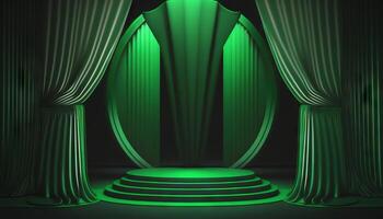 Green soft pastel Curtain Stage Award Background. Trophy on green Carpet pastel Background. photo