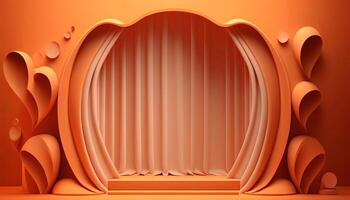 orange soft pastel Curtain Stage Award Background. Trophy on orange Carpet pastel Background. photo
