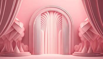 Pink soft pastel Curtain Stage Award Background. Trophy on Pink Carpet pastel Background. photo