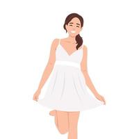 hermosa sonriente hembra modelo en blanco corto vestir vector ilustración Moda mujer vistiendo blanco pijama vestir