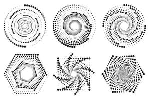 Dotted circles pattern. Abstract half tone graphic set. Circular textured round spiral frames. Vector swirl geometric rings with gradation.