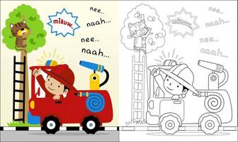 Vector illustration of fireman cartoon help a cat on tree, coloring book or page