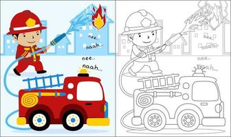 colorante libro o página de camión de bomberos dibujos animados con bombero pulverización agua a ardiente casa vector