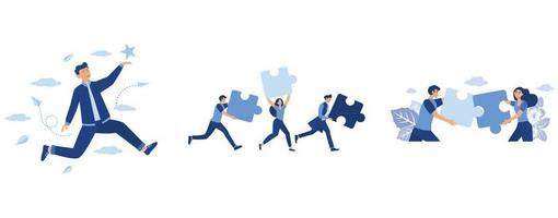 fly jump in career success, business teamwork together people connect puzzle elements. great element of team work search for ideas , flat vector modern illustration