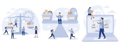 Work and life balance. Tiny people keep harmony choose between career and money versus love and time, leisure or business, set flat vector modern illustration