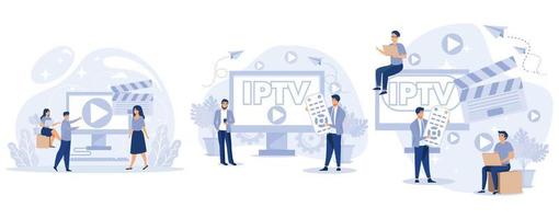 IPTV concept. Tiny people watch digital media TV stream. Internet protocol television. Smart multimedia technology, set flat vector modern illustration