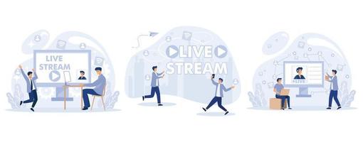 Live streaming. Tiny people watch live stream in social networks. Online video chat, set flat vector modern illustration