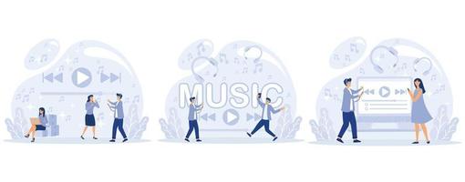 Media player app. Music play list. Tiny people listen music, sound, audio or radio online with smartphone app or laptop, set flat vector modern illustration