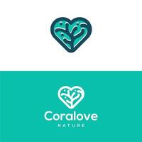 Coral Seaweed with Heart Love Shape logo design, Neuron icon with heart outline line symbol vector