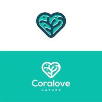 coral algas marinas con corazón amor forma logo diseño, neurona icono con corazón contorno línea símbolo vector