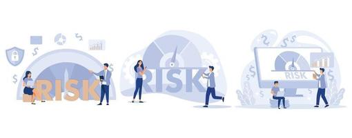 Risk management. Risk assessment. Risk levels knob. Business concept. Tiny people review, evaluate, analysis risk, set flat vector modern illustration