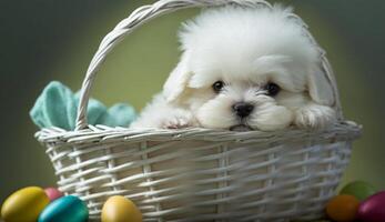 un linda blanco perrito en un Pascua de Resurrección cesta, ai generativo foto