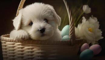 A Cute white puppy in an Easter Basket, photo