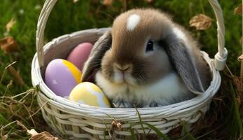 un linda conejito en un Pascua de Resurrección cesta ai generativo foto