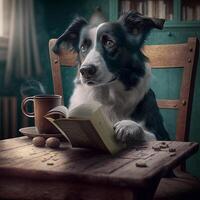 un perro un libro y un taza de café , ai generativo foto