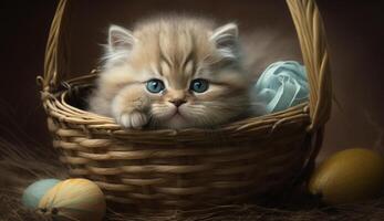 un dulce gatito en un Pascua de Resurrección cesta, ai generativo foto