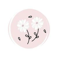 Cute logo or icon vector with white daisy flowers, illustration on circle with brush texture, for social media story and highlight