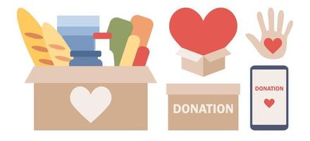 Donation icon set. Donation box with clothes and food. Charity and financial support. Volunteers concept. Vector flat illustration