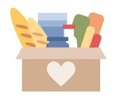 Donation box with clothes and food icon. Charity and financial support. Volunteers concept. Vector flat illustration