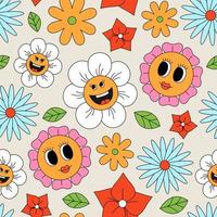 Seamless pattern with flowers and leaves. Spring, summer concept. Retro style cartoon vector illustration