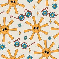 Seamless pattern with with smiling sun, sunglasses and flowers. Spring, summer concept. Retro style cartoon vector illustration