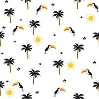 Seamless pattern with funny toucans, palms and sun. Childish background. Vector cute animal background