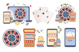 Casino icon set. Slot machine, online poker, Wheel of Fortune, Roulette. Internet gambling concept. Jackpot. Vector flat illustration