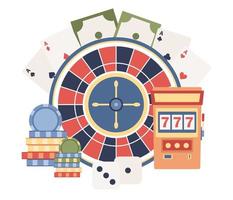 Casino and gambling concept. Slot machine, online poker, Wheel of Fortune, Roulette. Jackpot. Vector flat illustration