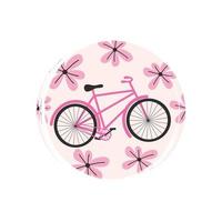 Cute logo or icon vector with pink flowers and bicycle, illustration on circle with brush texture, for social media story and highlight