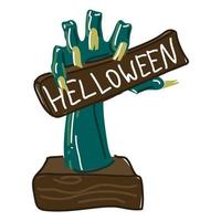 A cartoon zombie hand in retro style holds a board with the inscription Halloween. A hand on a wooden stand with a wooden plaque in his hand. Creepy hand with stripes. Printing an isolated vector