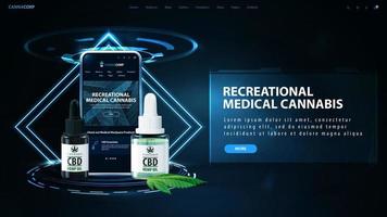 Banner with CBD oil bottles and smartphone in dark scene with neon rhombus frames and hologram of digital rings vector