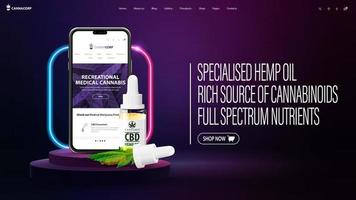 Web banner for website with smartphone and CBD oil on podium with neon frame on background. Banner with CBD oil bottle with pipette and marijuana leafs vector