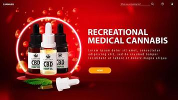 Recreational medical cannabis, red banner for website with button, podium with CBD oil bottles with pipette and neon ring on background vector