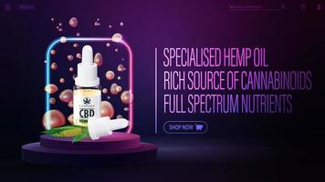 Web banner for website with CBD oil on podium with neon border and interface elements of website. Poster for website with CBD oil bottle with pipette and marijuana leafs vector