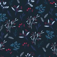 Winter botany seamless pattern, flat vector illustration on dark blue background. Various plants with leaves and red berries. Christmas gift wrapping paper. Nature concept.