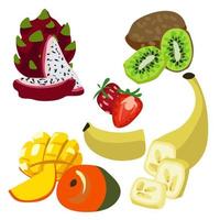 A set of fruits whole and in section highlighted on a white background. Dragon fruit, kiwi, banana, strawberry, mango. Slicing. Vector icon, flat design