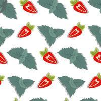 Seamless pattern with mint leaves and strawberry slices in trendy bright hues. Hello summer. Vector