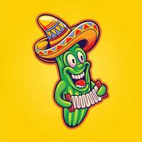 Funny mexican cactus playing accordion sombrero hat cinco de mayo logo illustrations vector